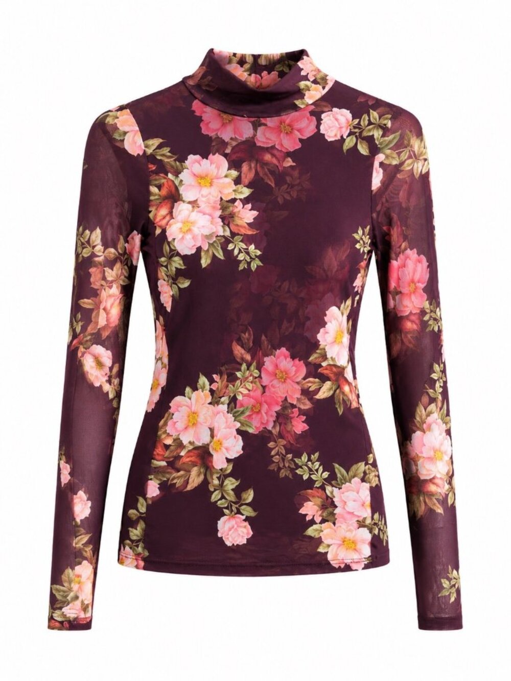 Johnny Was Jade Rebecca Mesh Sleeve Turtleneck XS Burgundy Pink Blossoms